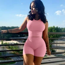  Summer Active Wear Knit Rib Tracksuit Women Casual Fitness Sleeveless Vest Crop Top + Biker Shorts Two Piece Set Outfits Sporty 