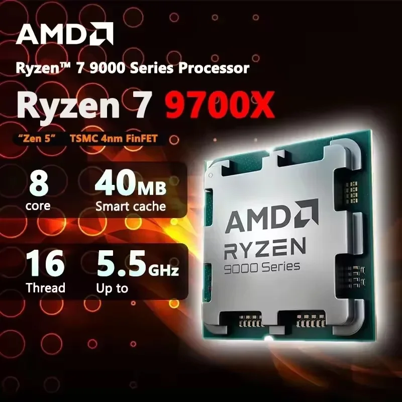 AMD Ryzen 7 9700X PC 업그레이드 CPU 호환 AM5 마더보드 8코어 16스레드 5.5GHz 32MB 캐시 DDR5 4nm 쿨러 미포함