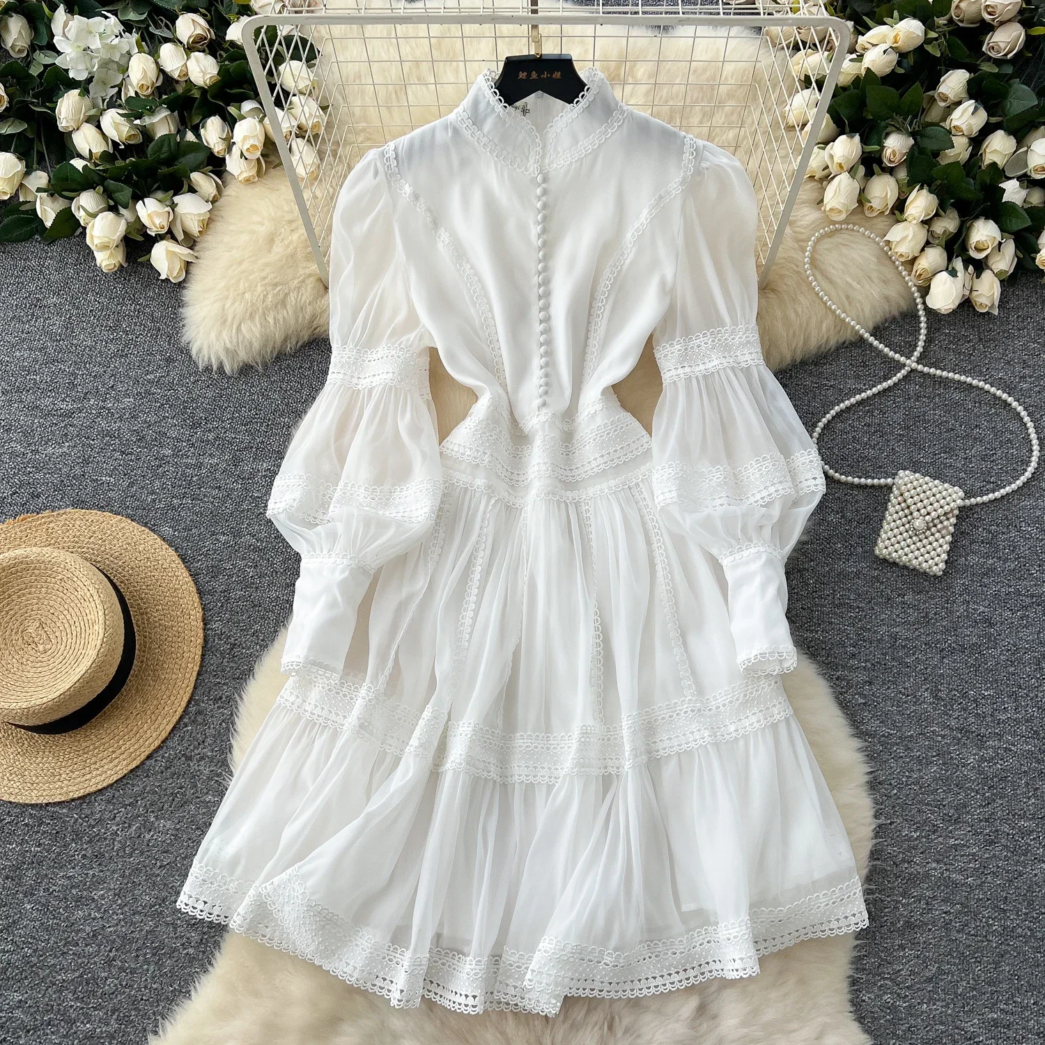 Elegant Stand Neck Vintage Long Lantern Sleeve Chic Lace