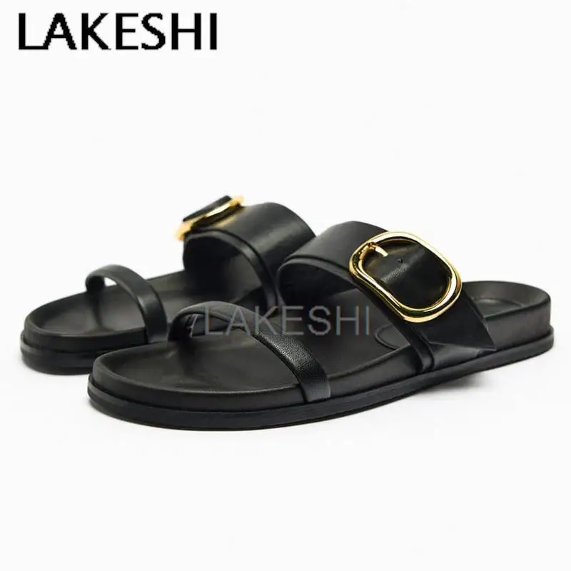 LAKESHI Black Slippers For Women Platform Sandals Leather Flats Casual Beach Summer Shoes White Outdoor Flip Flops Woman