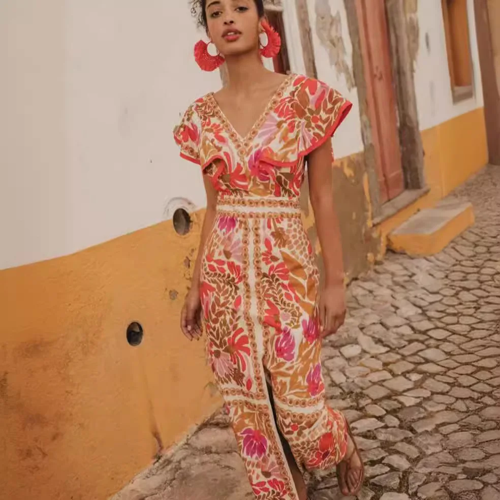 

Women Vintage Print V Neck Maxi Dress Elegant Flying Sleeves High Waisted Split Slim Dresses 2024 New Lady Vocation Vestidos