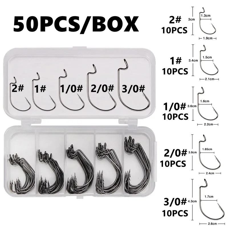 Fishing Tackle 50Pcs Box Fishing Hooks Set Jig Crank Barbed Hook High Carbon Stainless Steel Wide Gap Offset Fishhook Soft Worm Sea Hook
