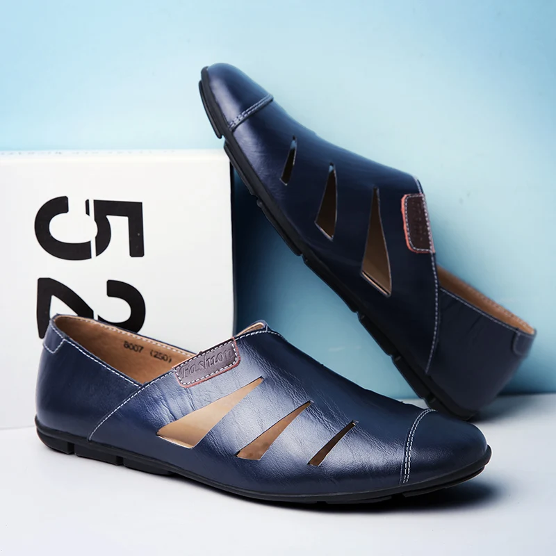Genuine Leather Mens Summer Loafers Fashion Hollow Out Shoes New Comfy Cool Man Walking Flats Original Style Men Casual Sandals 2