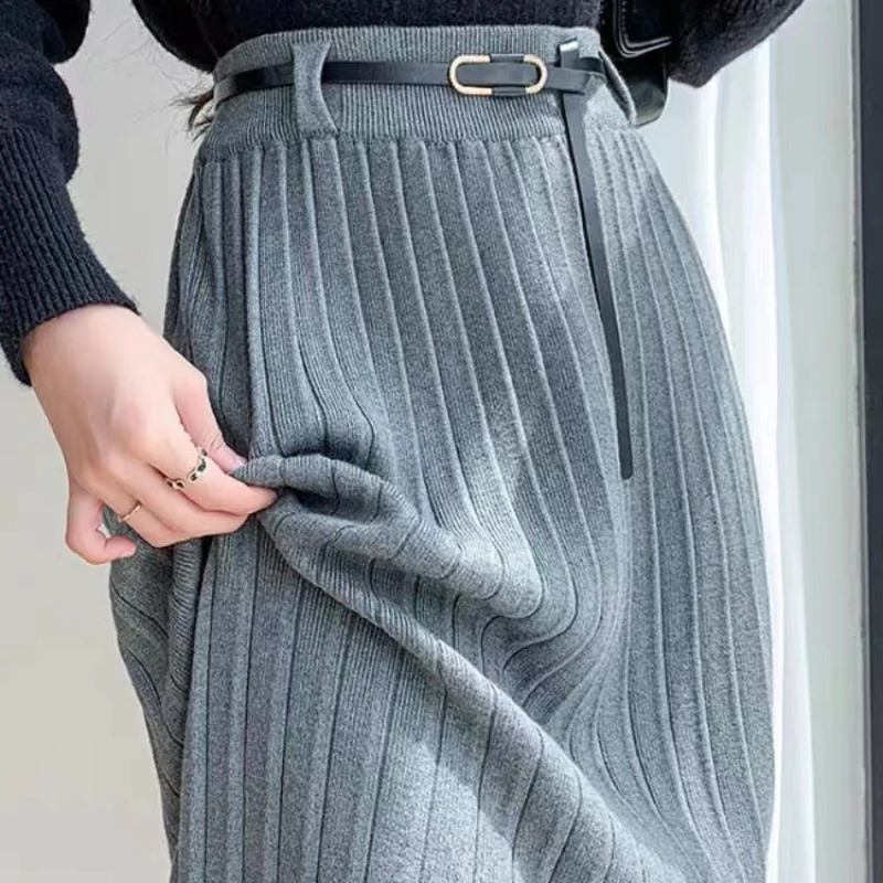 

Autumn Winter Korean Women High-Waisted Vintage Knitting Skirt Ladies Casual Loose Solid Split Package Hip Skirts Female