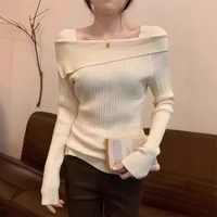 Solid Sexy Slim Off Shoulder Slash Neck Long Sleeve Knitting Sweater Women Jumpers Office Fashion New - Image 3