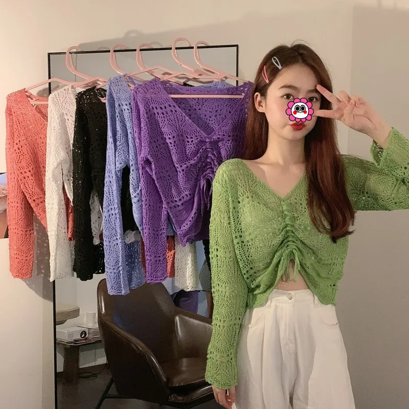 

Korean Fashion Y2k Women Knit Hollow Out Crochet Sweater Long Sleeve Top Pullovers Mesh Sexy Knitwear Female Outfit Streetwear