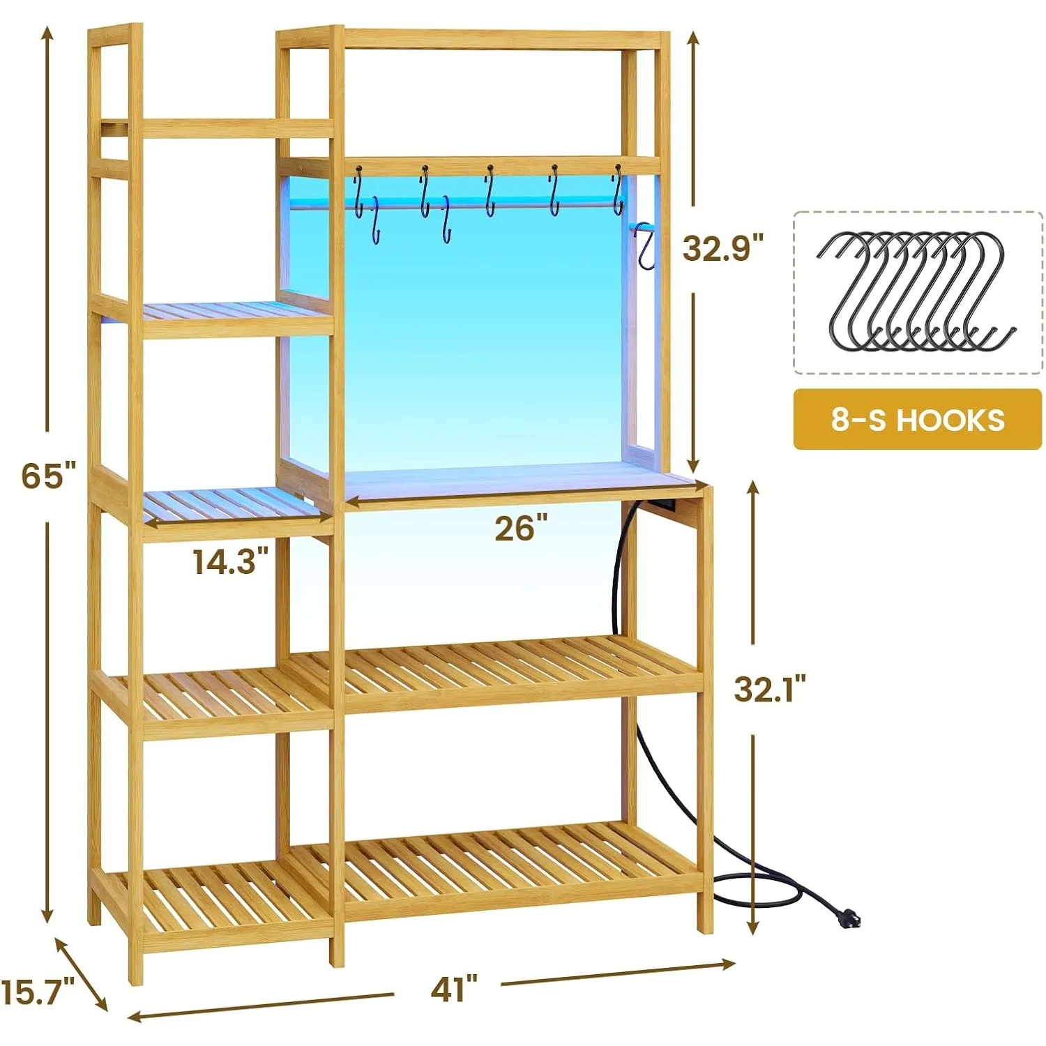 Baker rack with power outlet, 10 level kitchen rack with 8 hooks, microwave Kitchen Freestanding utility storage