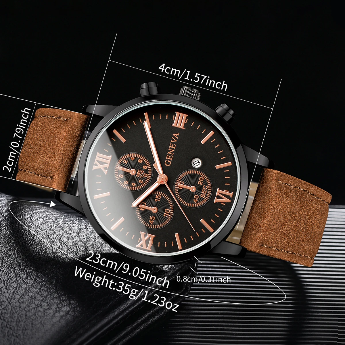 1/2PCs Men's Casual Calendar Watch Fashionable Men's Temperament Leather  Quartz Watch Unisex Watch Set(Box Not Included) 6