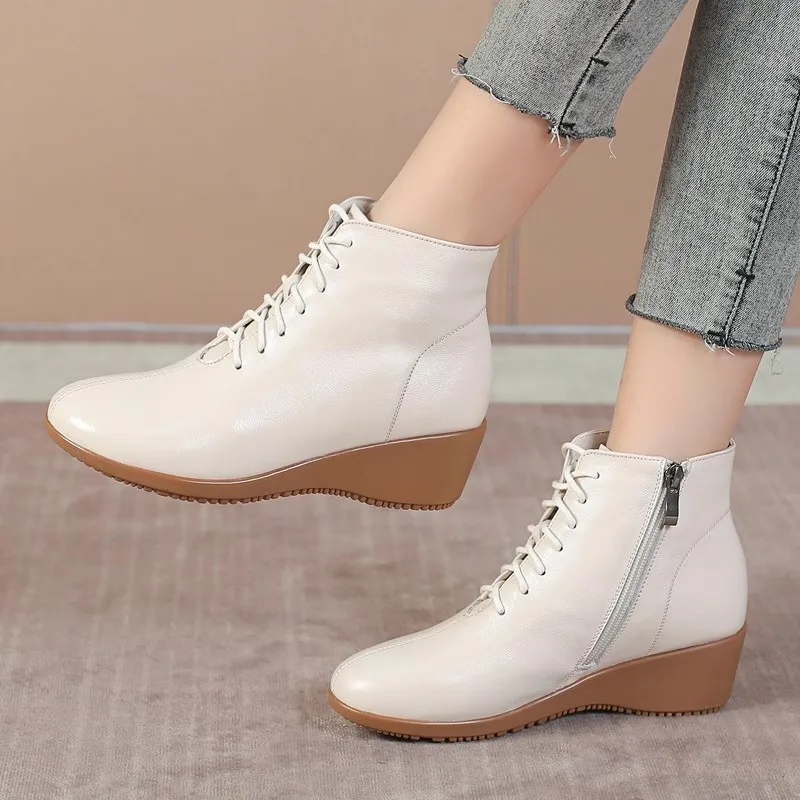 GKTINOO Genuine Leather Women Ankle Boots Plush Warm Lace