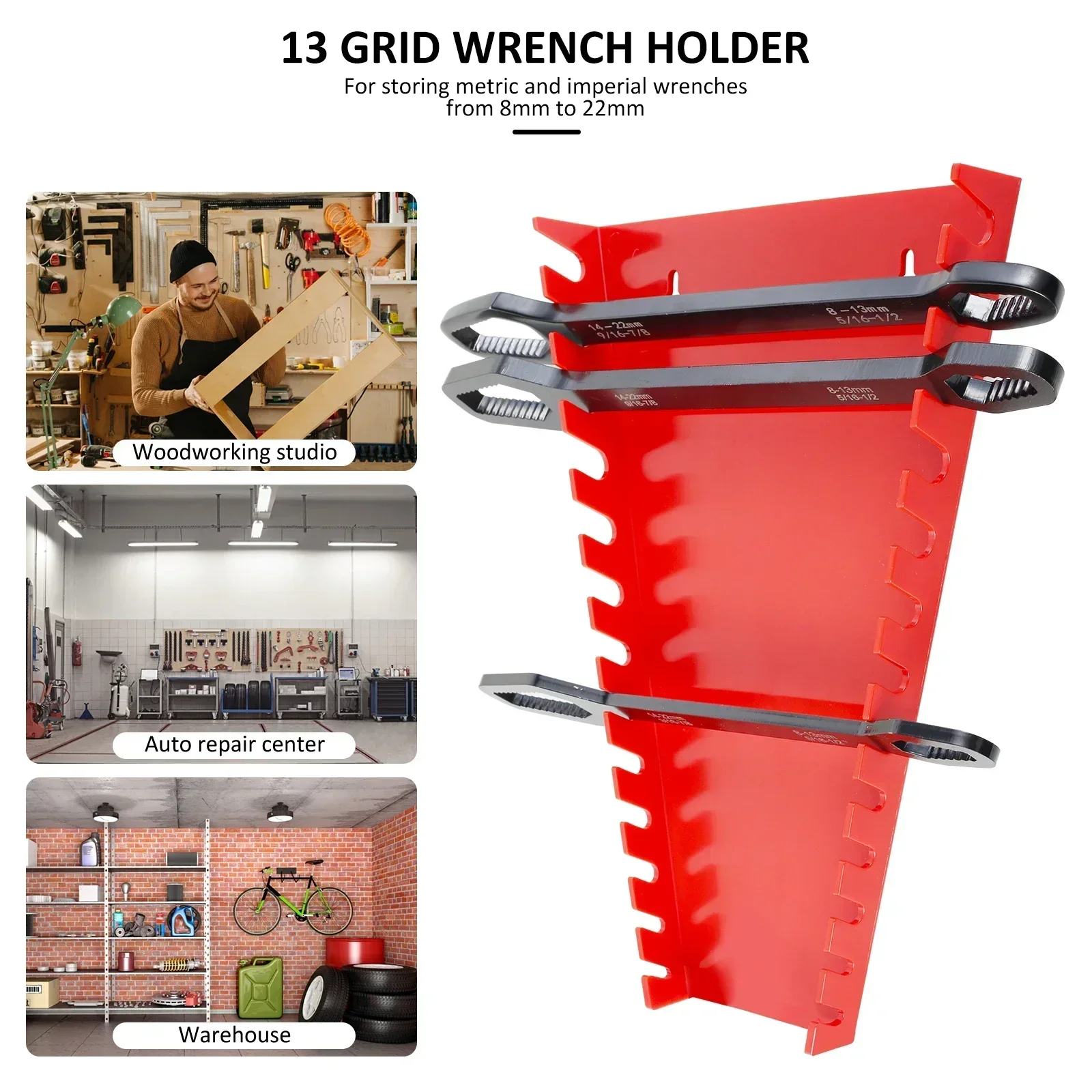 4Pcs Wrench Holder Metal Metric SAE Wrench Organizer Wall-Mounted Tools Storage Tray Holder for 8mm-22mm Tool Tray