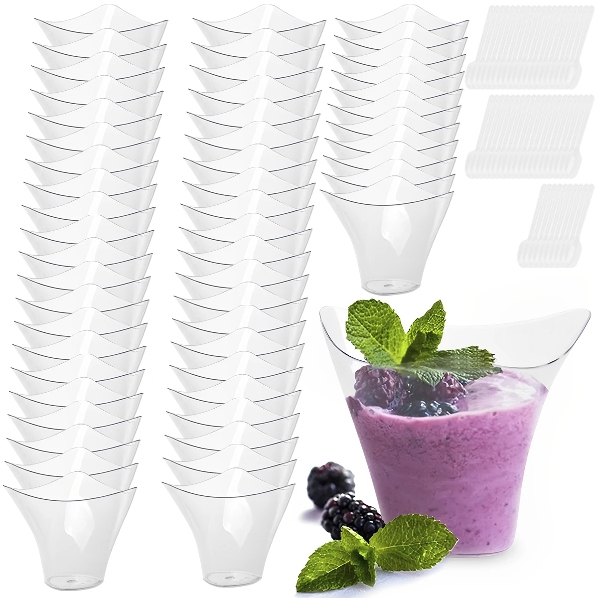 50 Pcs Dessert Cups with 50 Spoons Clear 3.38oz/100ml Mini Reusable Dessert Pots Clear Plastic Parfait Appetizer Cup Mousse 2