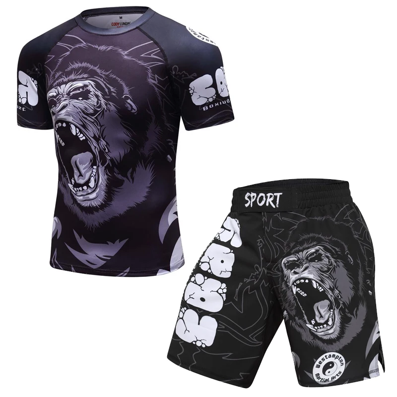 Men Boxing Set Compression Jersey Pants 3D Orangutan Print Rashguard Kickboxing Tight T-shirts Pants Muay Thai MMA Fightwear