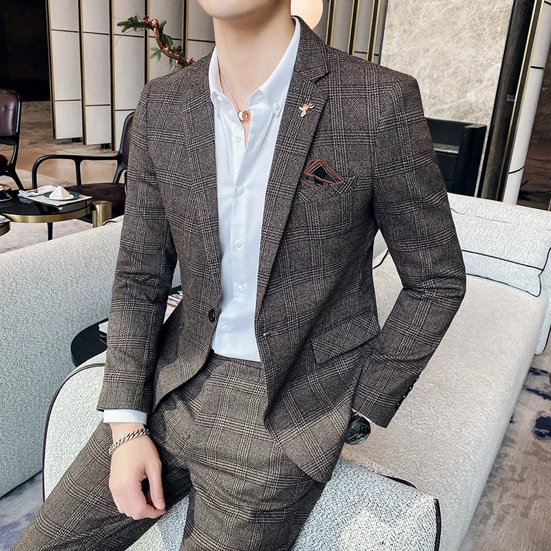 Suit (Blazer + Pants) Men's Fashion Hosts British Style Work Business Wedding Casual Art Style Elegant Gentleman Suit M-5XL