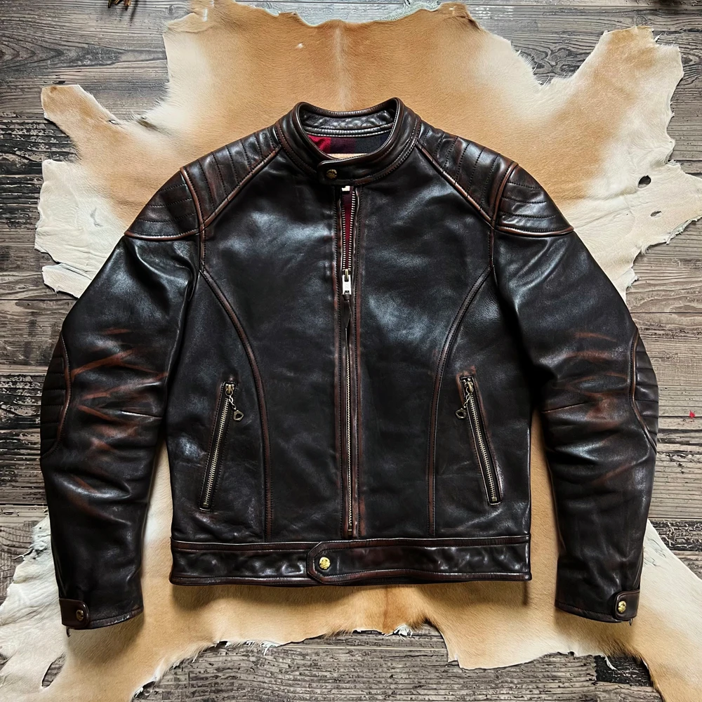 

Hand-made tea core old horse hide collar brief paragraph leather leather motorcycle jacket Japanese restore ancient ways