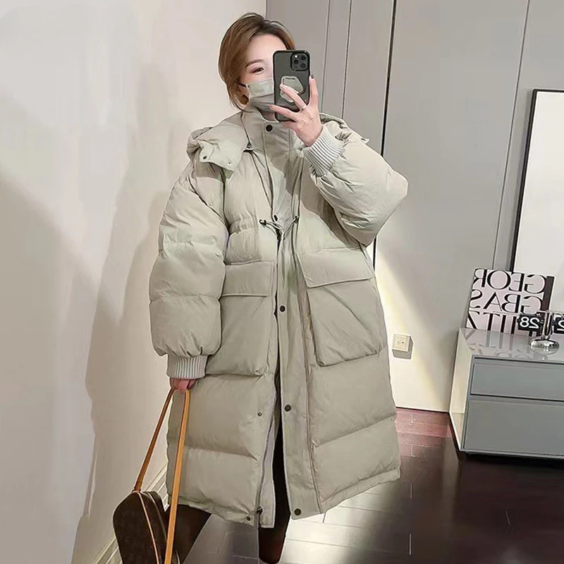 

Women's Winter Down Jacket Korean Fashion Mid-length Large Pockets White Duck Down Hooded Puffer Coat Cotton Jacket Outerwear