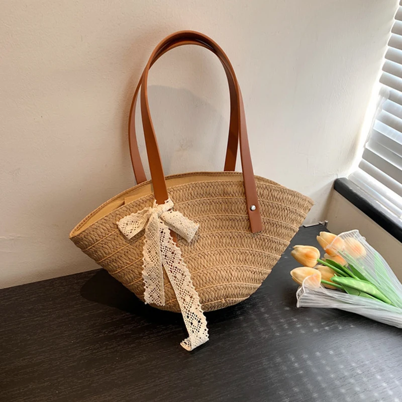Weave Tote Bag Large Capacity Summer Beach Straw Ribbon Handbag Purse Female Bohemian Shoulder Bag for Women Ladies Travel Bag