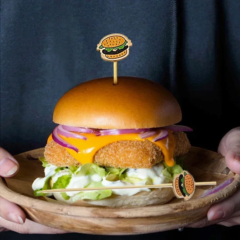 100pcs/set Hamburger Garnish Bamboo Sticks Disposable Fruit Fork Themed Party Food Sandwich Decorations Snack Skewers Supplies