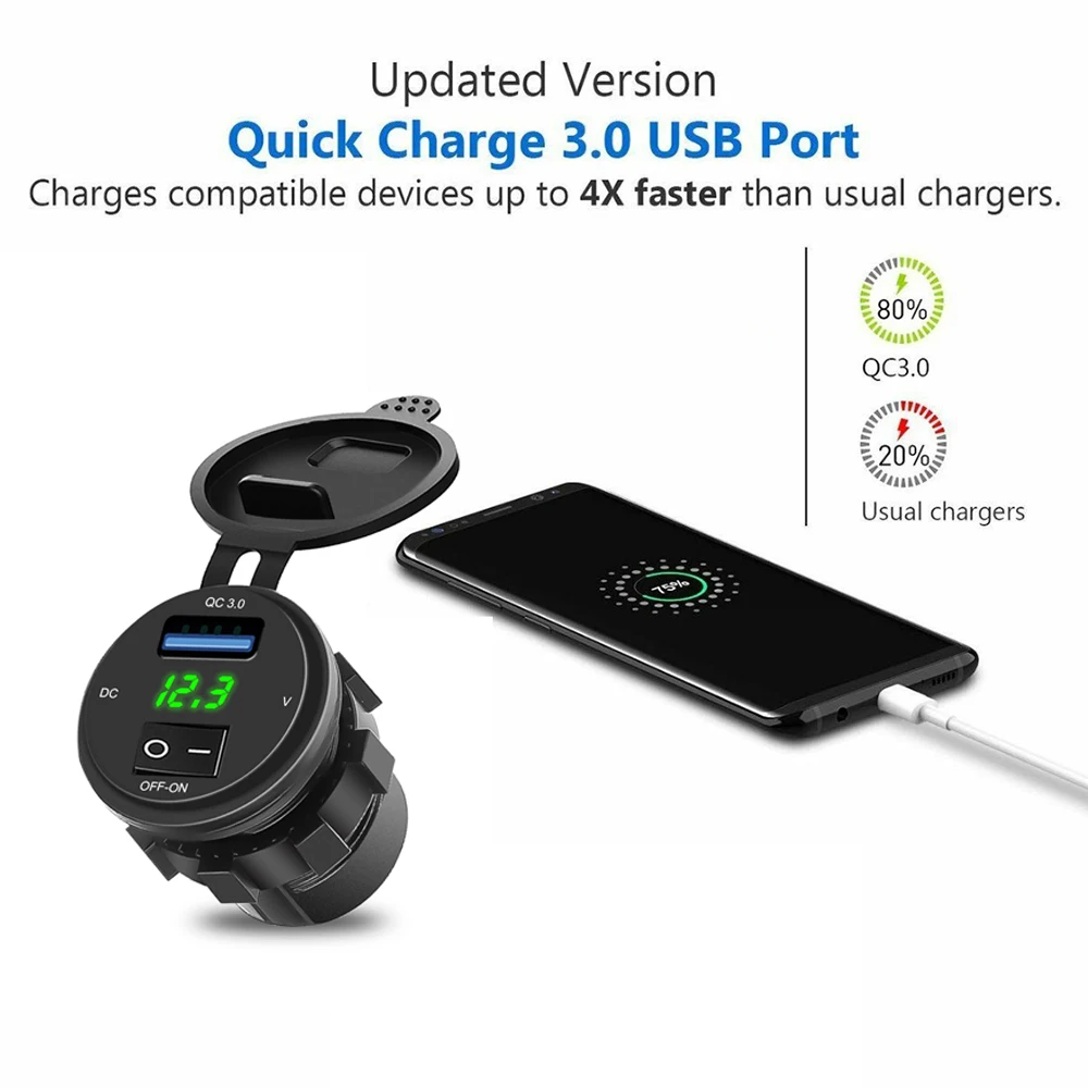 스위치 LED 전압 디스플레이 충전기 소켓, 자동차 트럭 ATV 보트 오토바이용, QC3.0 USB 충전기, 18W, 12V, 24V