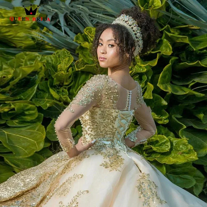 Gold Quinceanera Dress Lace Pearls Ball Gown vestidos para 15 vestido a&ntilde;os Glitter Long Sleeve Sequined Birthday Prom Gown V1F31