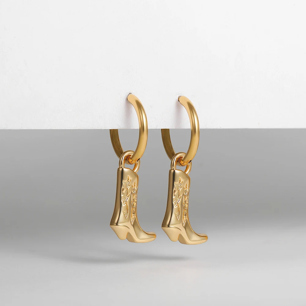 Stainless Steel Cowboy Boot Pendant Shoe Shape Dangle Earrings for Women Gold Plated Geometric Cool Cowgirl Ear Hoops Jewelry