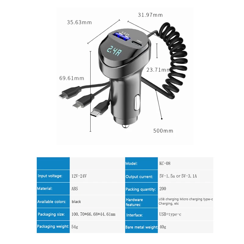 2 포트 USB 고속 차량용 전화 충전기, 3.1A 전압 표시, 3in 1 USB 개폐식 충전 케이블, 트럭 자동차