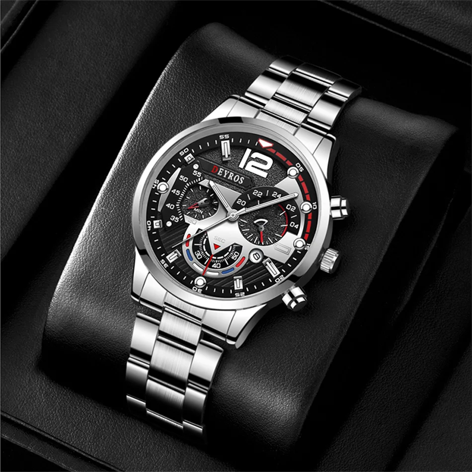 Luxury Mens Watches Fashion Stainless Steel Quartz Wrist Watch Calendar Date Luminous Clock Men Business Casual Leather Watch