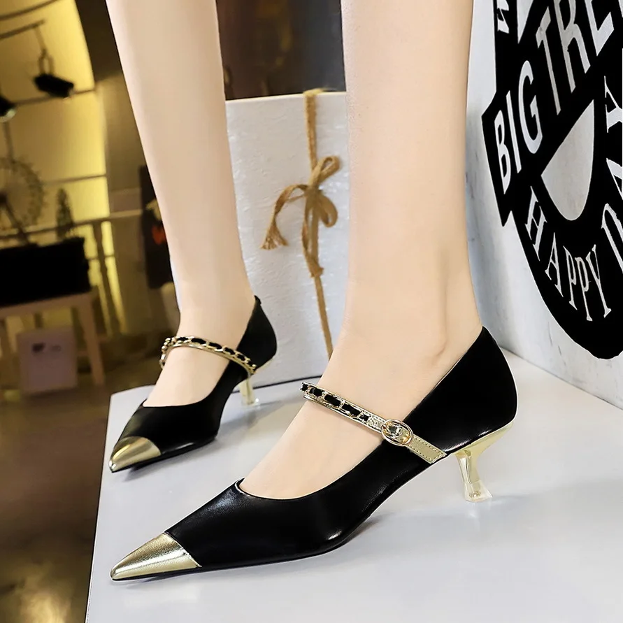 thumbnail image 1 of Nuevos zapatos de tacón alto finos y poco profundos para mujer, con bloques de color, puntiagudos, con correa de cadena de metal, para novia, para boda, sexys, 1 of 5