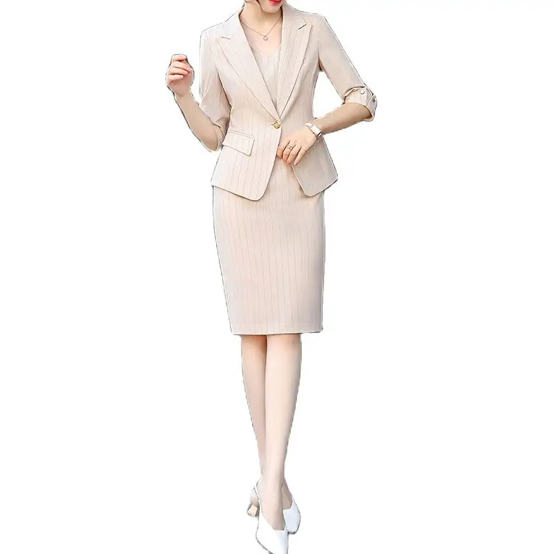 

Lenshin 2 Piece Striped Set Formal Dress Suit Office Lady Women Autunm Business Blazer and Sleeveless Clothes