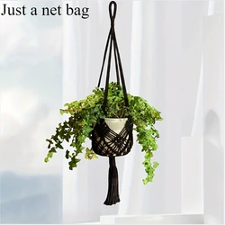 Boho Macrame Cotton Rope Hanging Basket with Net Pouch for Indoor and Outdoor Plants (Black)
