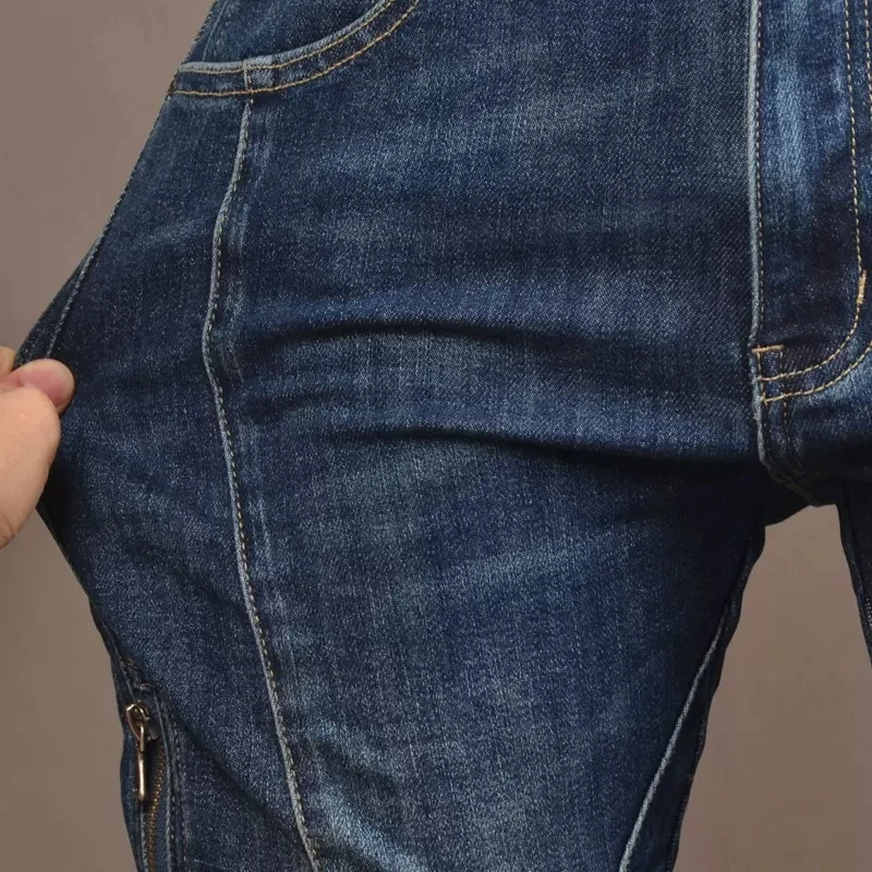 Fashion Designer Men Jeans Retro Blue Stretch Slim Fit Spliced Biker Jeans Homme Streetwear Hip Hop Pants Men Punk Trousers