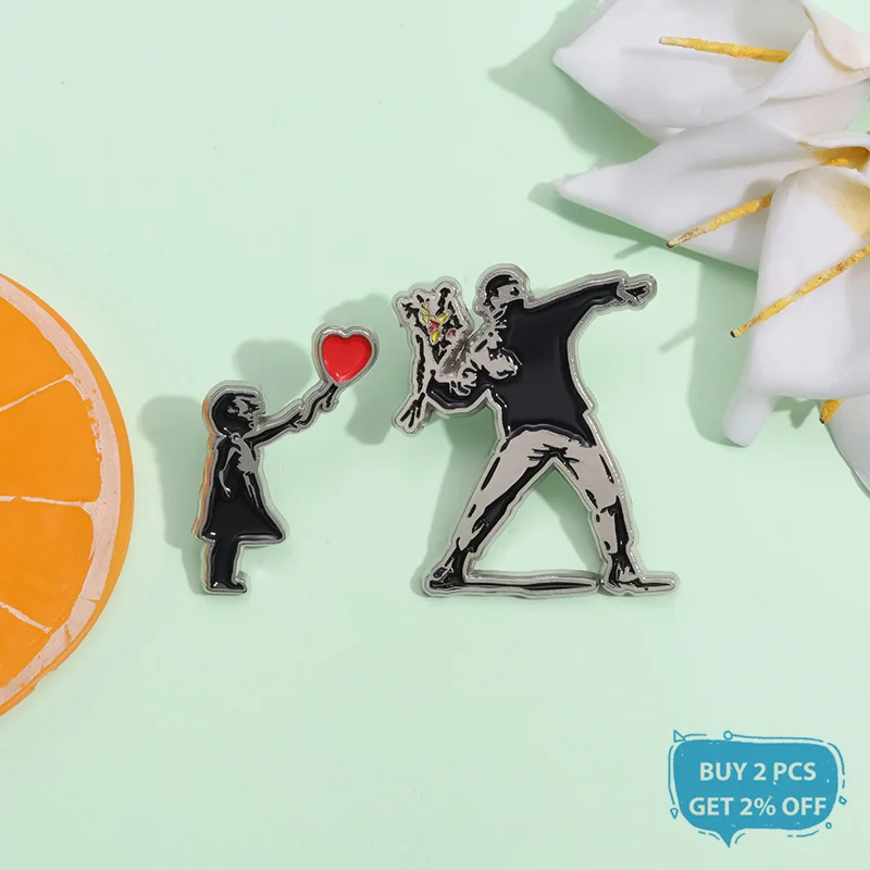 Banksy Art Enamel Pin Flower Thrower Girl With Balloon Always Hope Brooch Lapel Backpack Badge Jewelry Gift For Friends