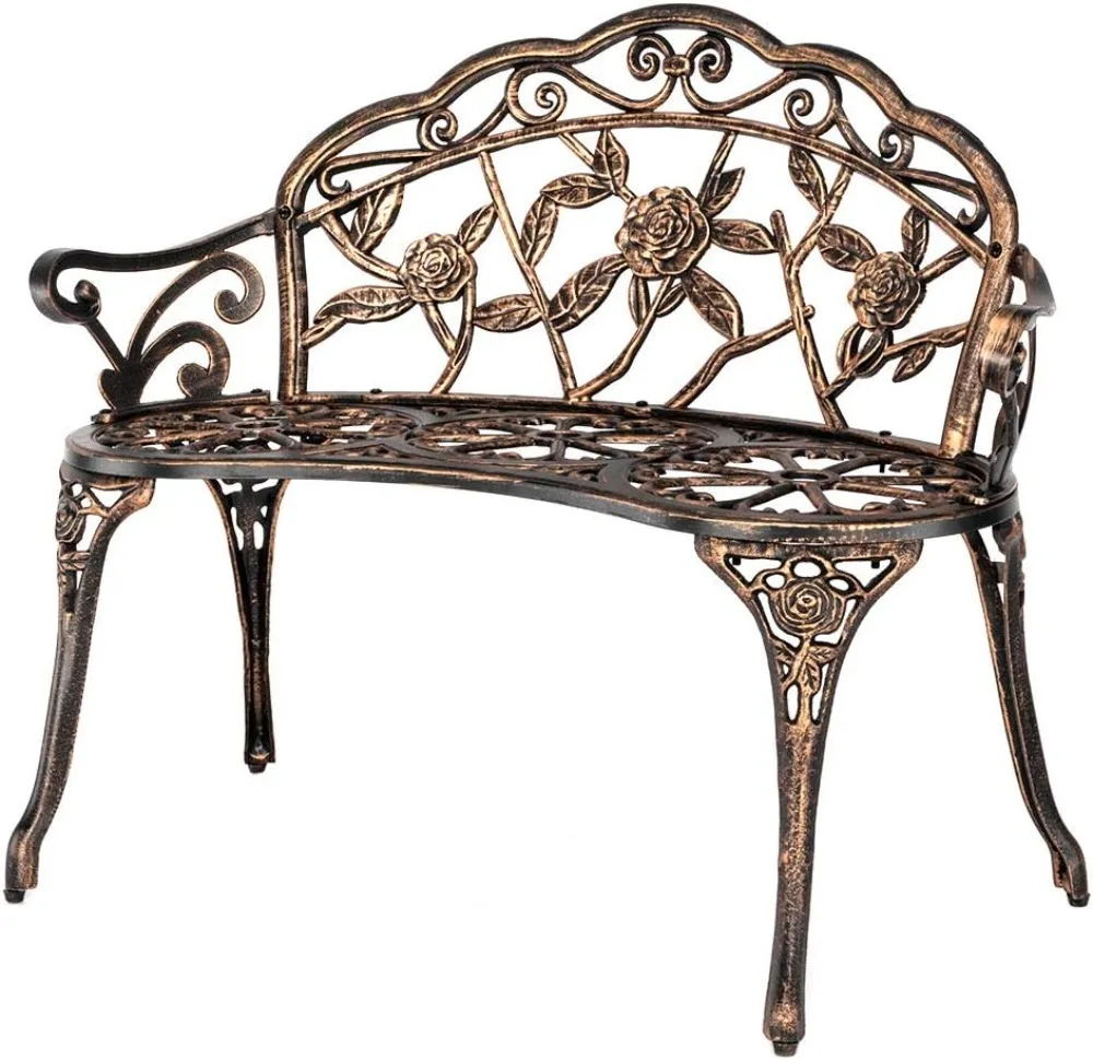VINGLI 38.5 Patio Park Garden Outdoor Metal Rose Bench,Cast Iron Cast Aluminium Frame Antique Finish Chair,Accented Lawn