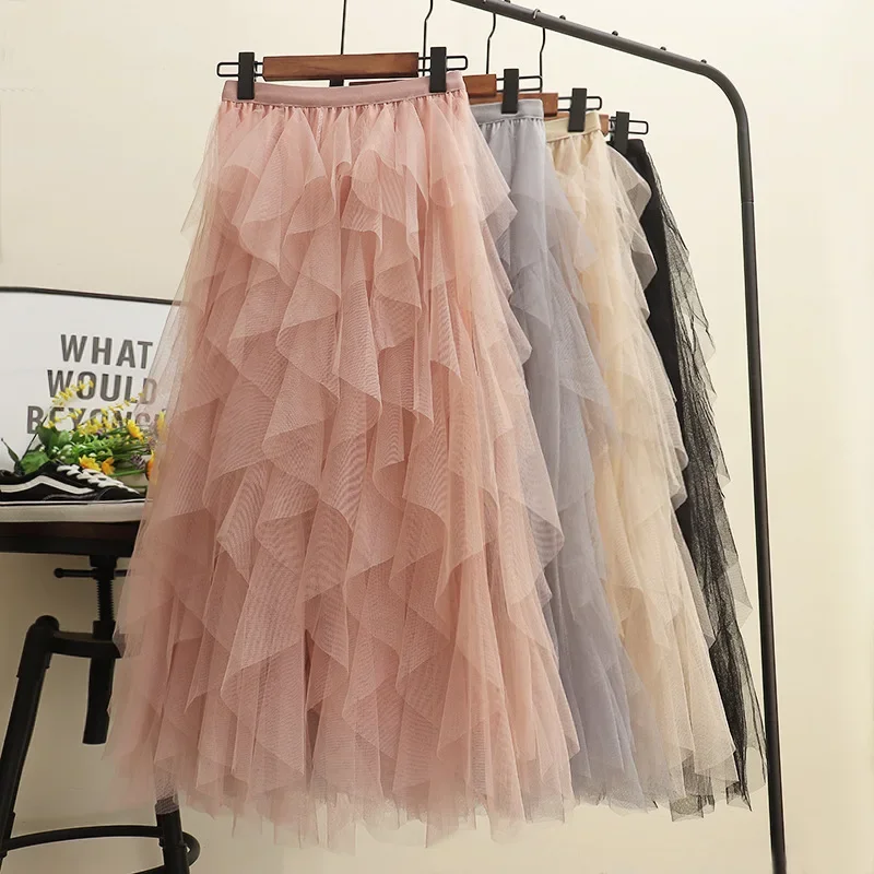 

2023 New Autumn and Winter Mesh Long Sleeved Dress Simple Fluffy Skirt for Versatile Bottom Elegant Womans C14