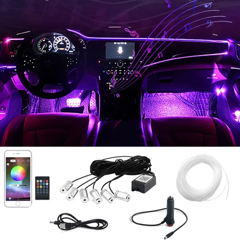 5 en 1 6 en 1 LED atmósfera del coche luz cigarrillo USB 8M 12M interior RGB control de aplicación flexible Bluetooth tiras de fibra óptica luz con control remoto 12V luces decorativas