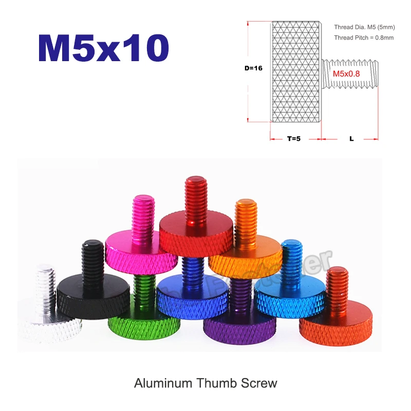 

1/2/3/5Pcs M5 Aluminum Hand Tighten Thumb Screw Bolt DIY Computer Case Knurled Flat Head Hand Screw Anodized Length 10 mm Light