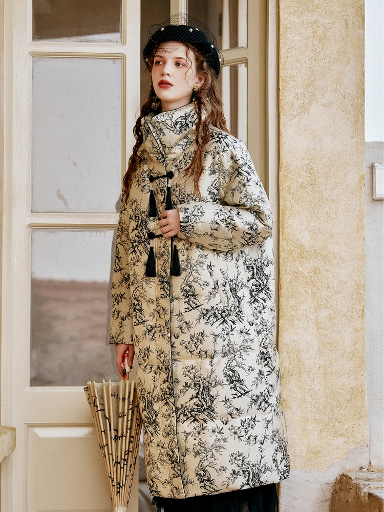 Winter New Chinese Style Stand-up Collar Thick Coat Mid-Length Warm Quilted Jacket down Jacket for Women