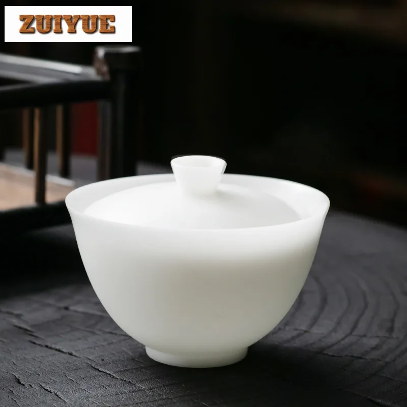 Handamde Ice Seed Jade White Gaiwan 150ml Sheep Fat Porcelain Sopera Tea Tureen Tea Maker Cover Bowl Ceremony Ornaments Gift