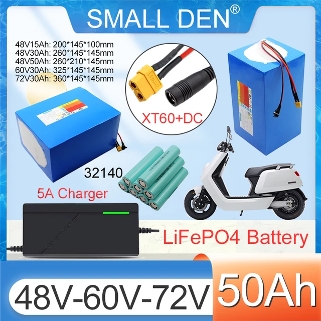Batterie LiFePO4 48V/60V/72V 15Ah 30Ah 50Ah 32140, moteur 3500W avec BMS 50A pour moto et scooter électrique, grande capacité + chargeur 5A 1