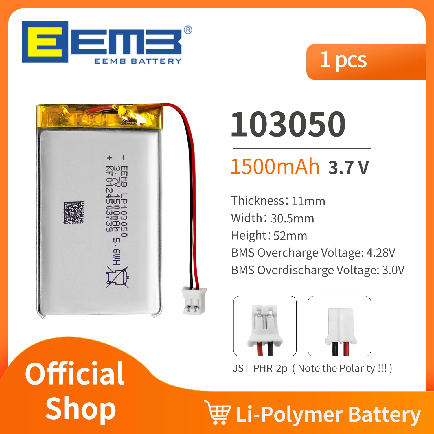 EEMB103050 3.7V Battery 1500mAh Rechargeable Lithium Polymer Battery Pack For Dashcam,Flashlight,Bluetooth Speaker, GPS,Camera