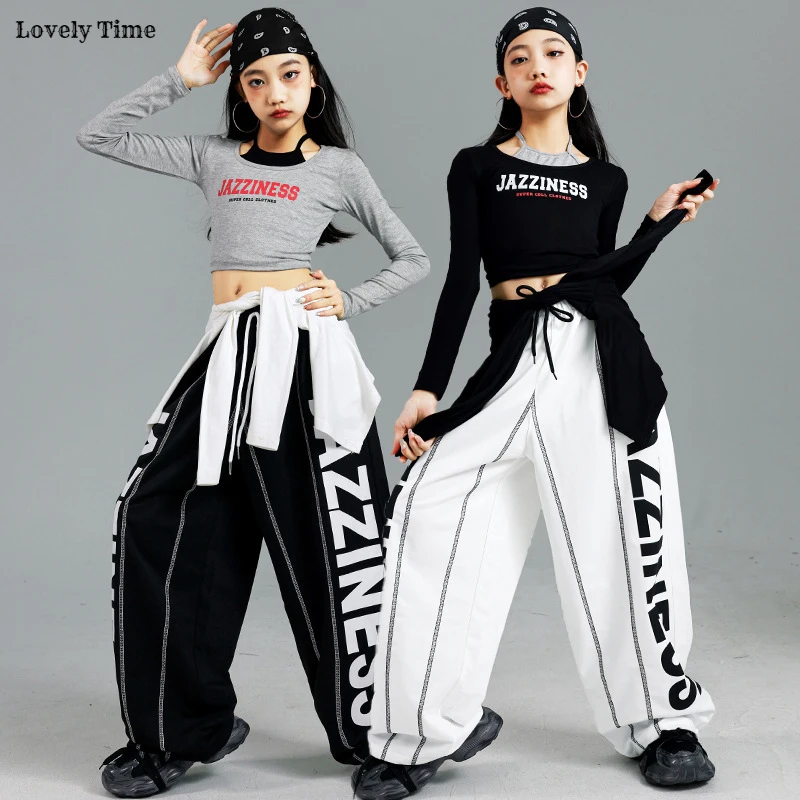 Girls K-pop Crop Top Sweet Letters Sport Joggers Pants Child Hip Hop Streetwear Clothes Sets Kids Stage Girl Group Jazz Costumes 2