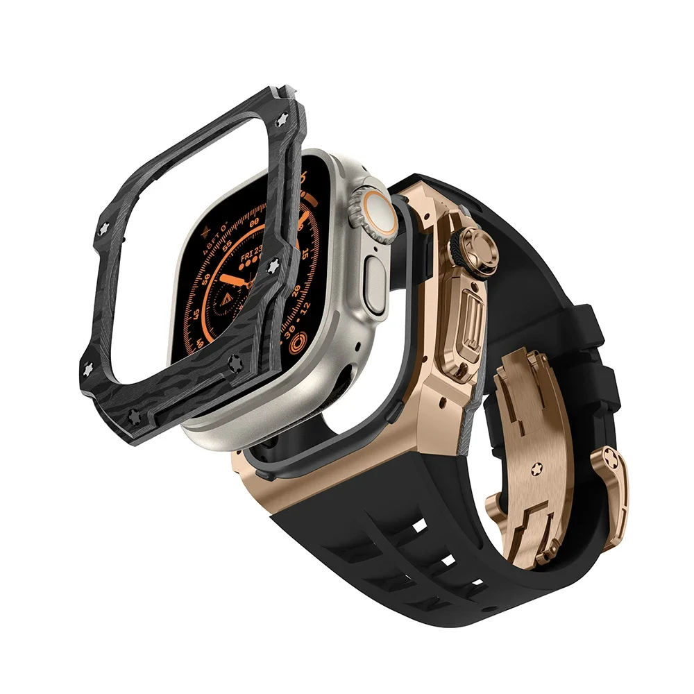 애플 워치용 고급 탄소 섬유 수정 키트, 울트라, 울트라 2, 49mm 티타늄 커버, 아이워치 시리즈용 49mm 불소 고무 스트랩
