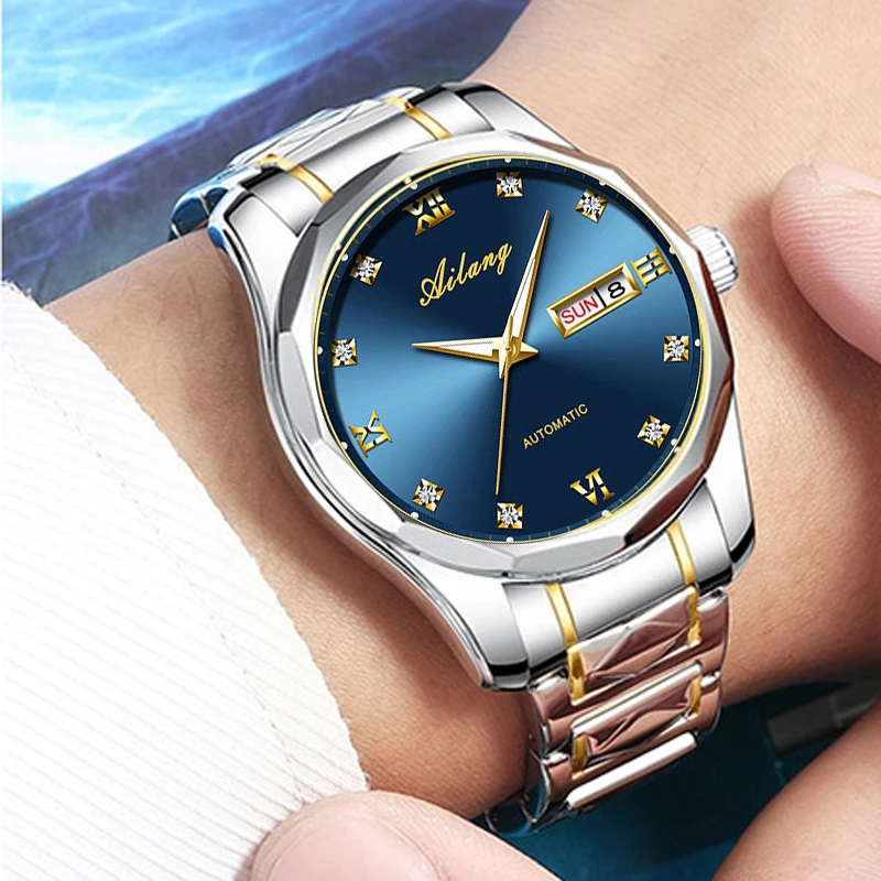 AILANG New Luxury Brand Fashion Business Men Watch Stainless Steel Automatic Mechanical Watches Luminous Weekly Calendar Display