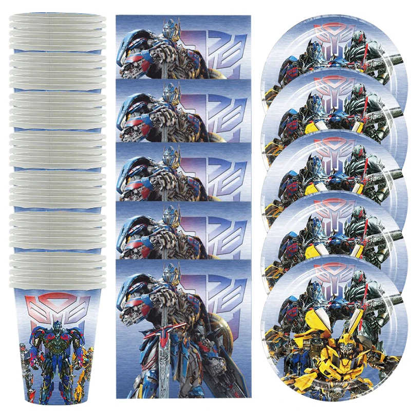 60pcs/lot Transformers Theme Tableware Set Happy Birthday Party Plates Cups Dishes Decoration Baby Shower Napkins Towels disney moana tableware paper plates cups napkins moana theme party decoration baby shower boys girls birthday party supplies