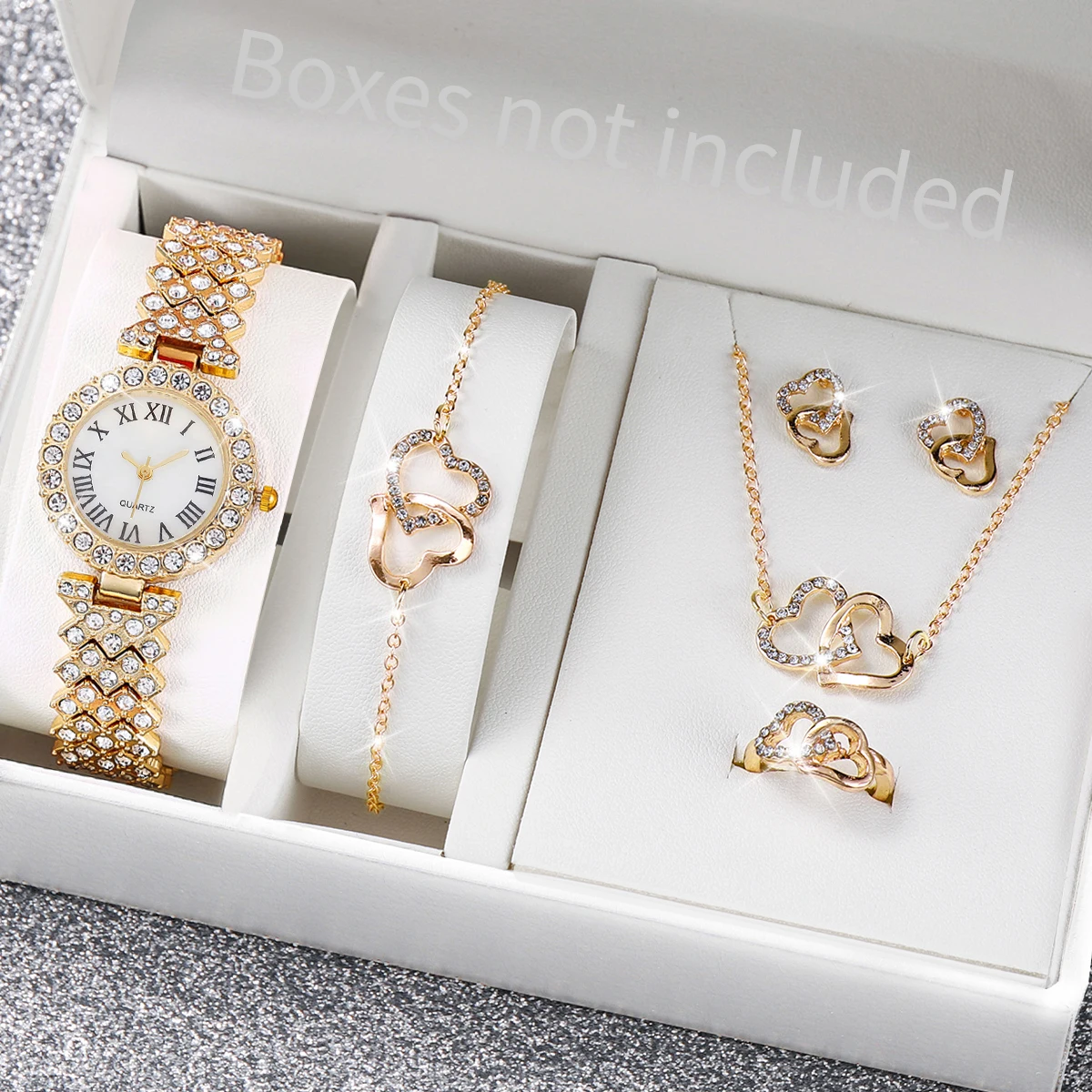 6PCS/Set Fashion Roma Dial Women's Watch Full Diamond Steel Band Quartz Watches Rhinestone Heart Jewelry(Without Box) 2
