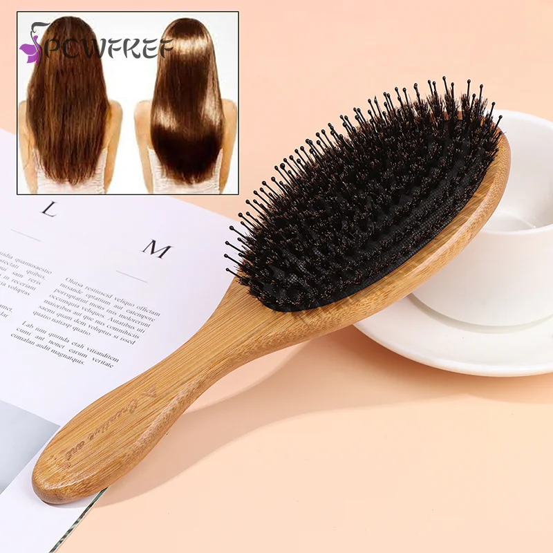 

1PC Hair Brush Wood Handle Boar Bristle Beard Brush Comb Detangling Straightening