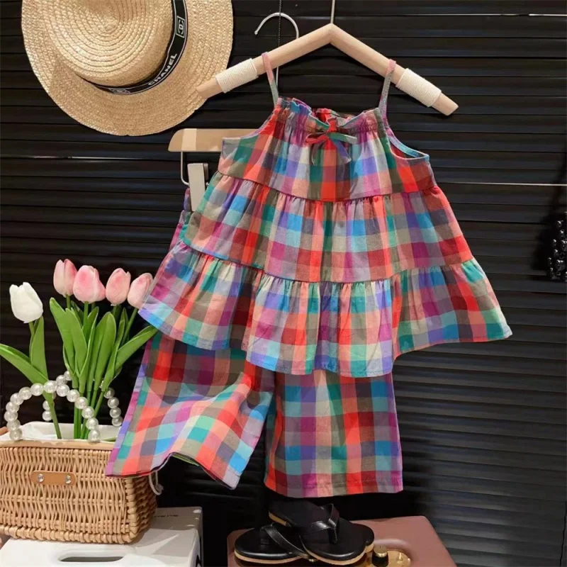 

New Bow Suspenders Doll Shirt Wide Leg Pants Two-Piece Set2024Summer Vest Fashionable Children Suit-WSNY