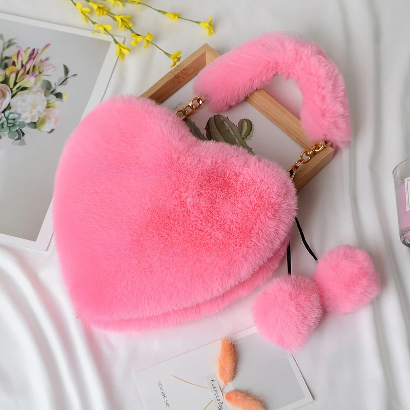 

Роскошные женские маленькие сумочки из искусственного меха в форме сердца, пушистая плюшевая женская сумка на плечо с цепочкой, модная женская пушистая Повседневная Сумка-клатч, кошелек