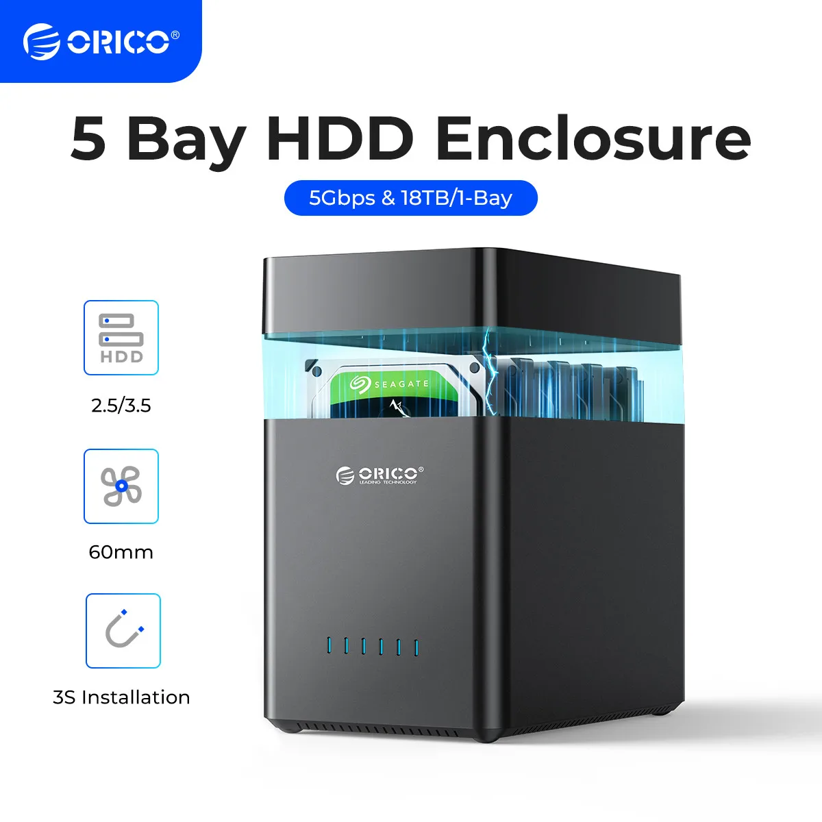 

ORICO DS Series 5 Bay 3.5 inch USB Hard Drive Enclosure Magnetic-type SATA to USB 3.0 HDD Case for Altcoins Mining