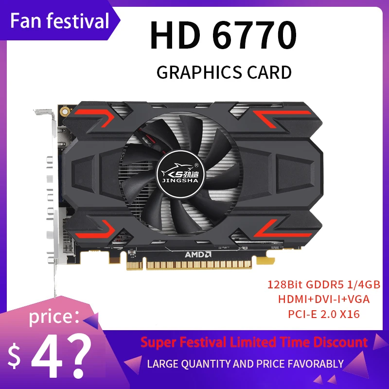 JINGSHA HD6770 Graphics Card PCI-E 2.0 X16 GDDR5 128 Bit VGA DVI-I HDMI-Compatible Video Cards for AMD Radeon HD 6770 1G 128Bit graphics cards computer