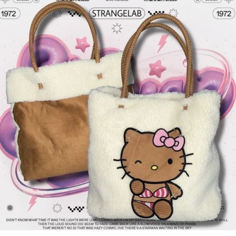 

Miniso Sanrio Hellokitty Black Leather Double-Sided Lamb Wool Patch Pin DIY Tote Bag Large Capacity Shoulder Bag fashion soft